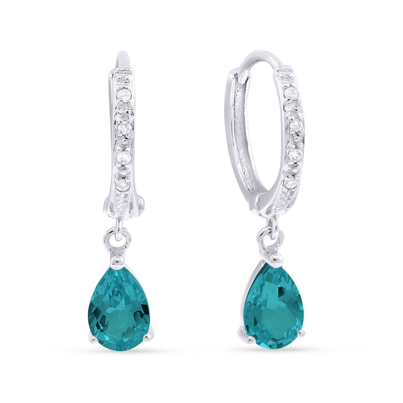 Pear-Shaped Fiji Blue Created Spinel Diamond Drop Hoop Earrings in 14k White Gold image number null